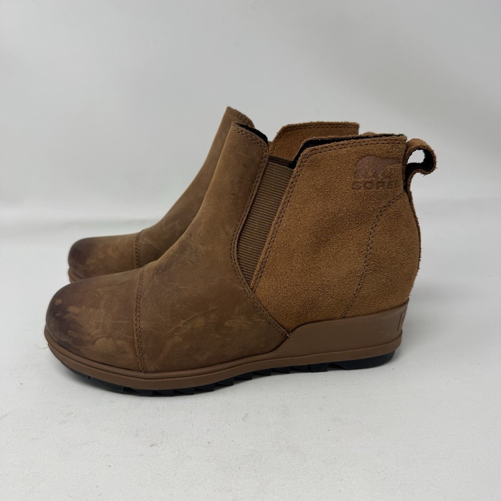 Sorel Evie Wedge Chelsea Boots Womens Size 7 Brown Leather Suede Pull On Shoes - Picture 4 of 9